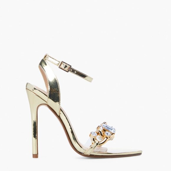 Shoe Dazzle Willow Gold Faux Leather Rhinestone Embellished Stiletto Sandals 7 - Picture 3 of 15